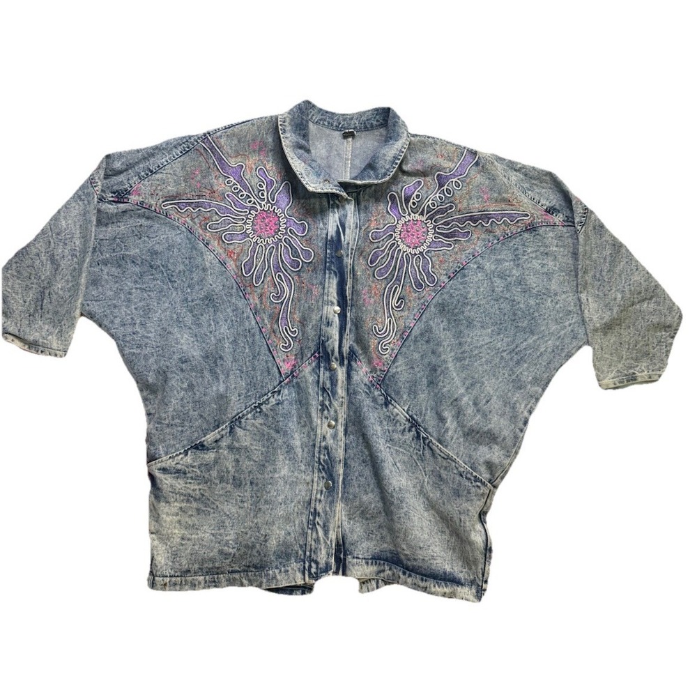 VTG Pado California Batwing Embroidered Embellished Acid Wash Denim Jacket Small